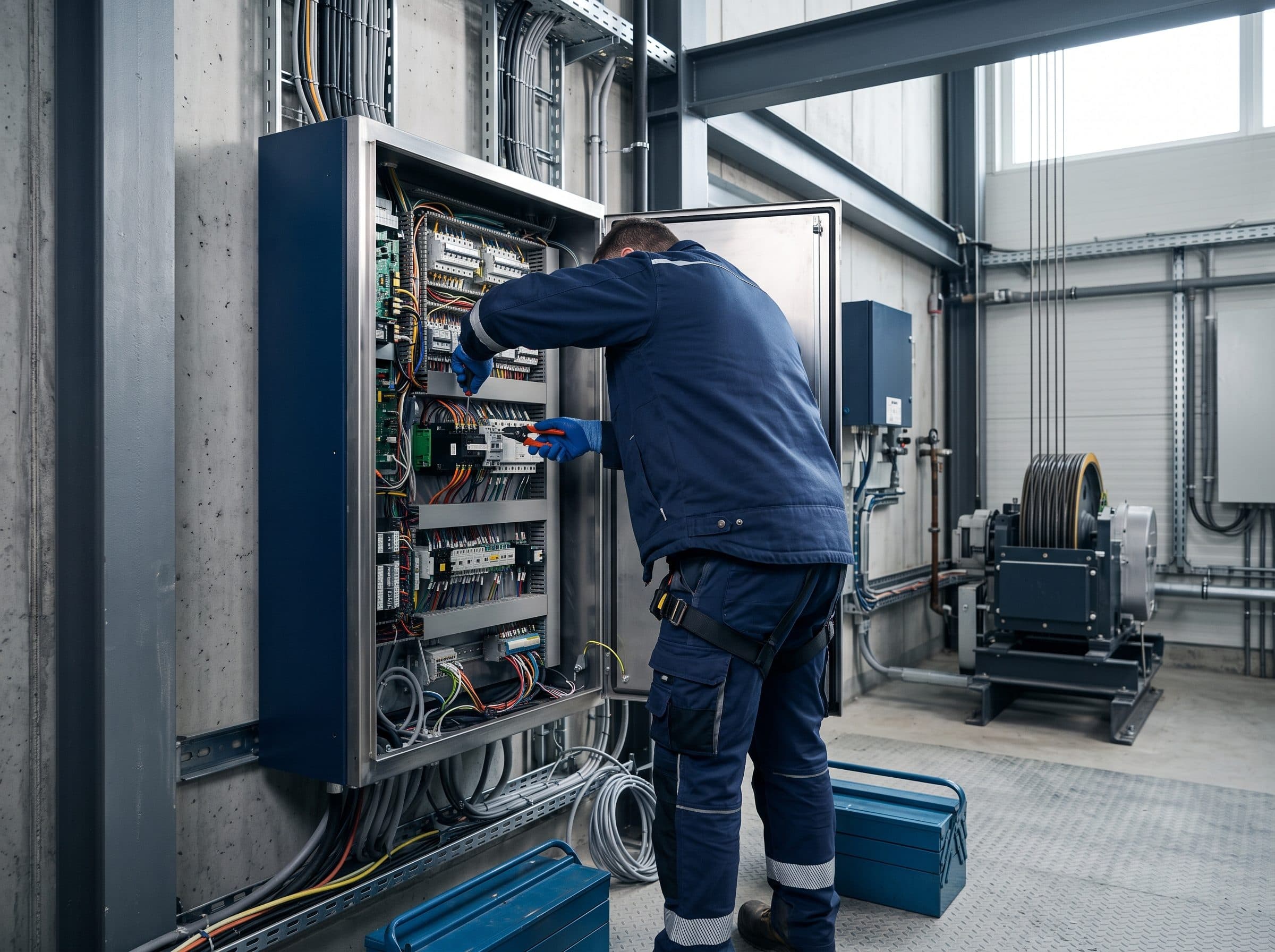 Technicien LiftTech en intervention sur un ascenseur à Luxembourg, bandeau de certification visible